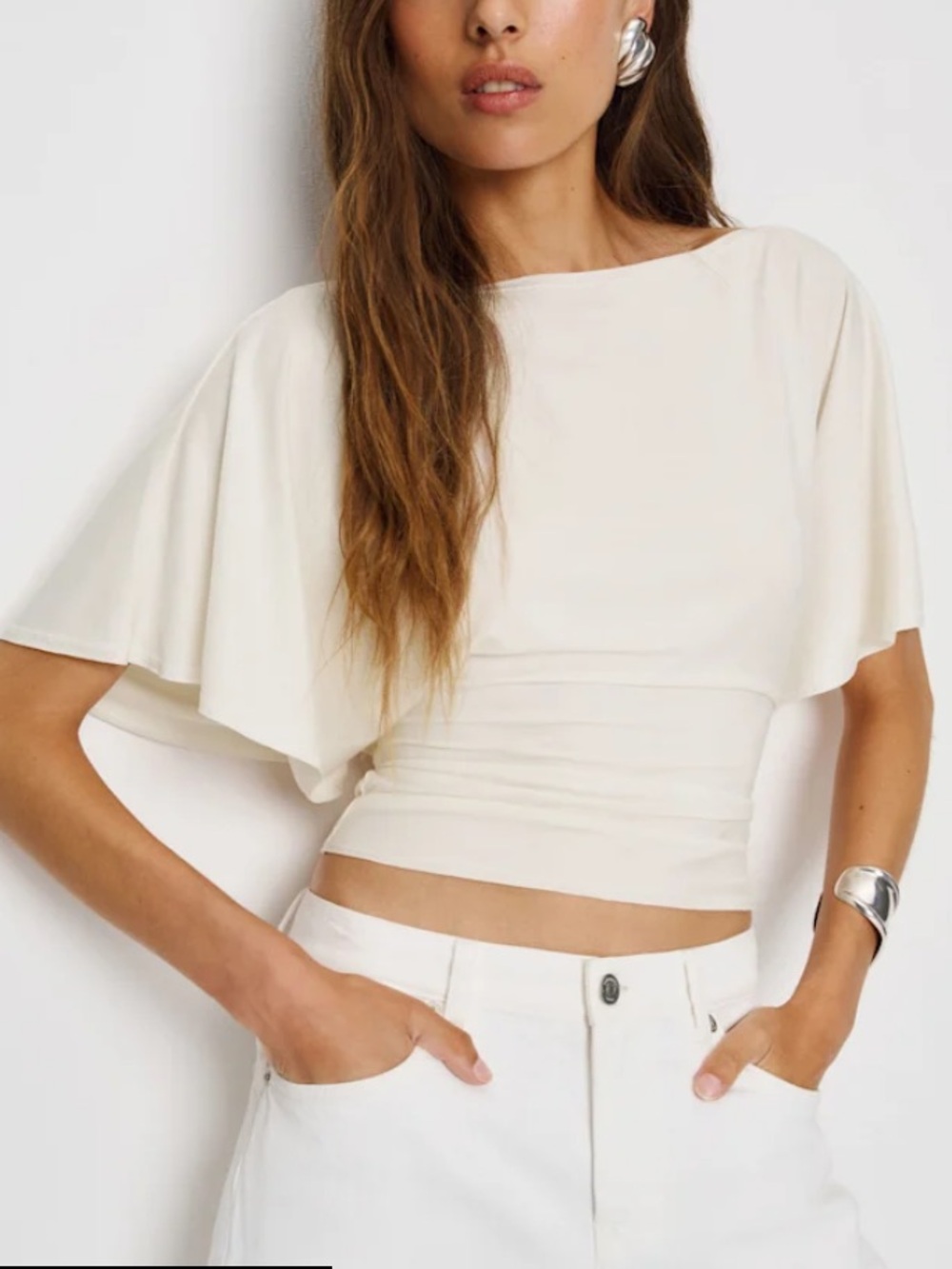 Reformation Cream Draped Flutter Bell Sleeve Crop Top Boat Neckline Belt Size M